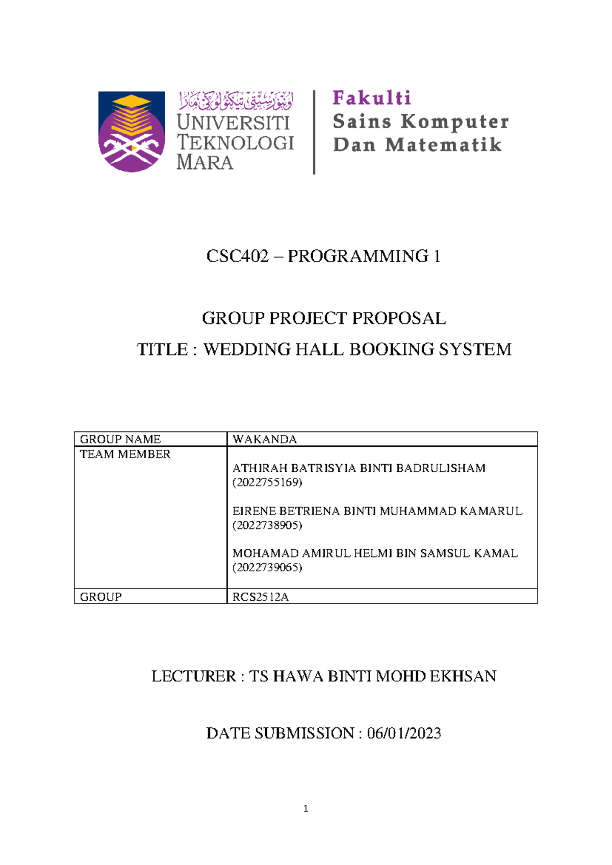 CSC402 Mini Project Proposal: Wedding Hall Booking System - Studocu