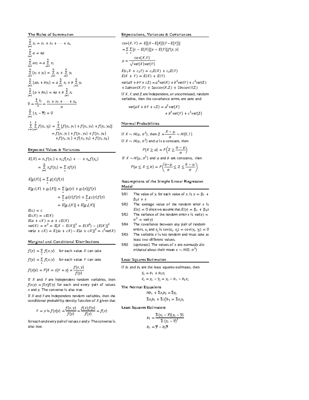 Econometrics (ECO 101) Exam Formula Sheet: Summation Rules & Key ...