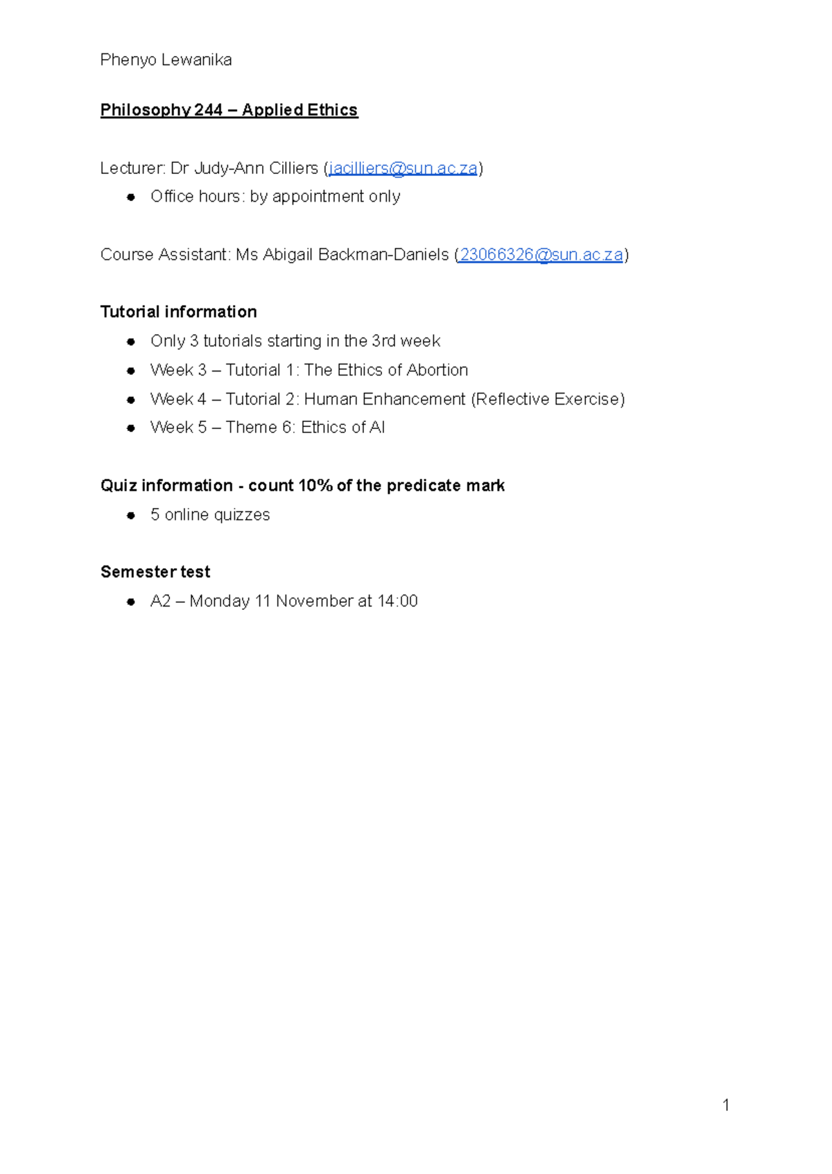 Philosophy 244 Applied Ethics: Comprehensive Study Notes for Term 4 ...