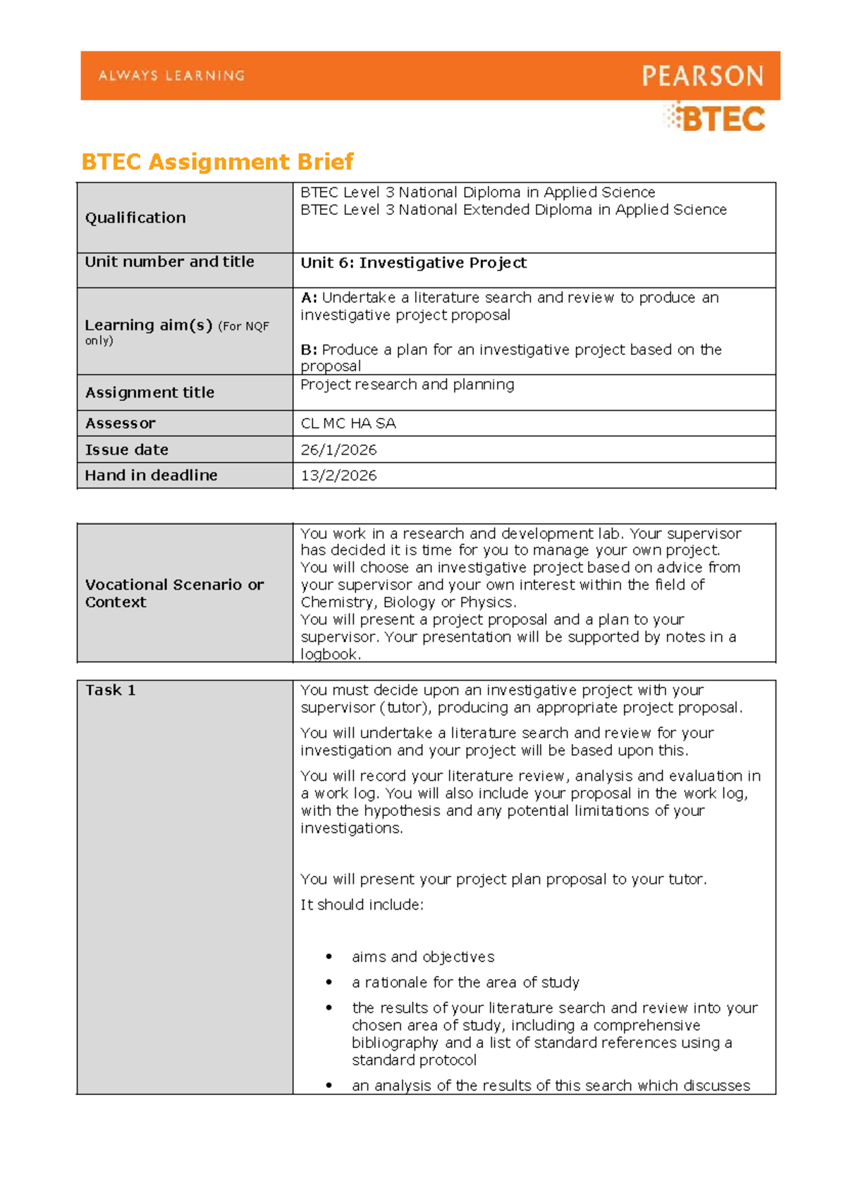 Unit 6AB: Investigative Project Proposal & Planning Brief 2025-26 - Studocu