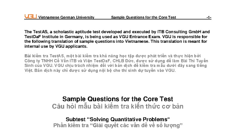 VGU Core Test Sample Questions: Vietnamese Translation - Studocu