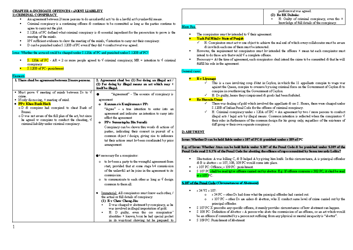 Criminal Law II: Inchoate Offences & Abetment Insights - Studocu