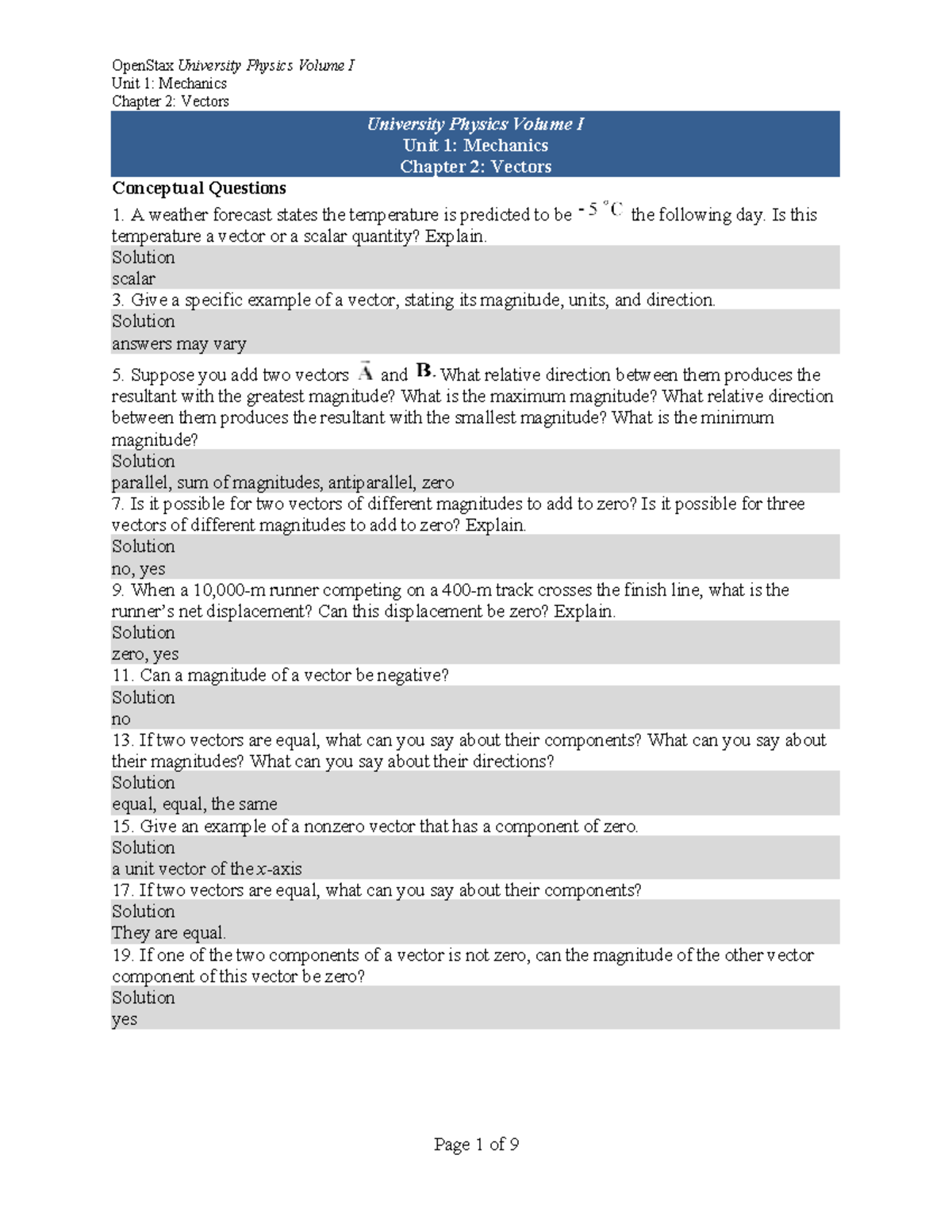 University Physics Volume 1 - Unit 1: Mechanics, Chapter 2 - Vectors ...