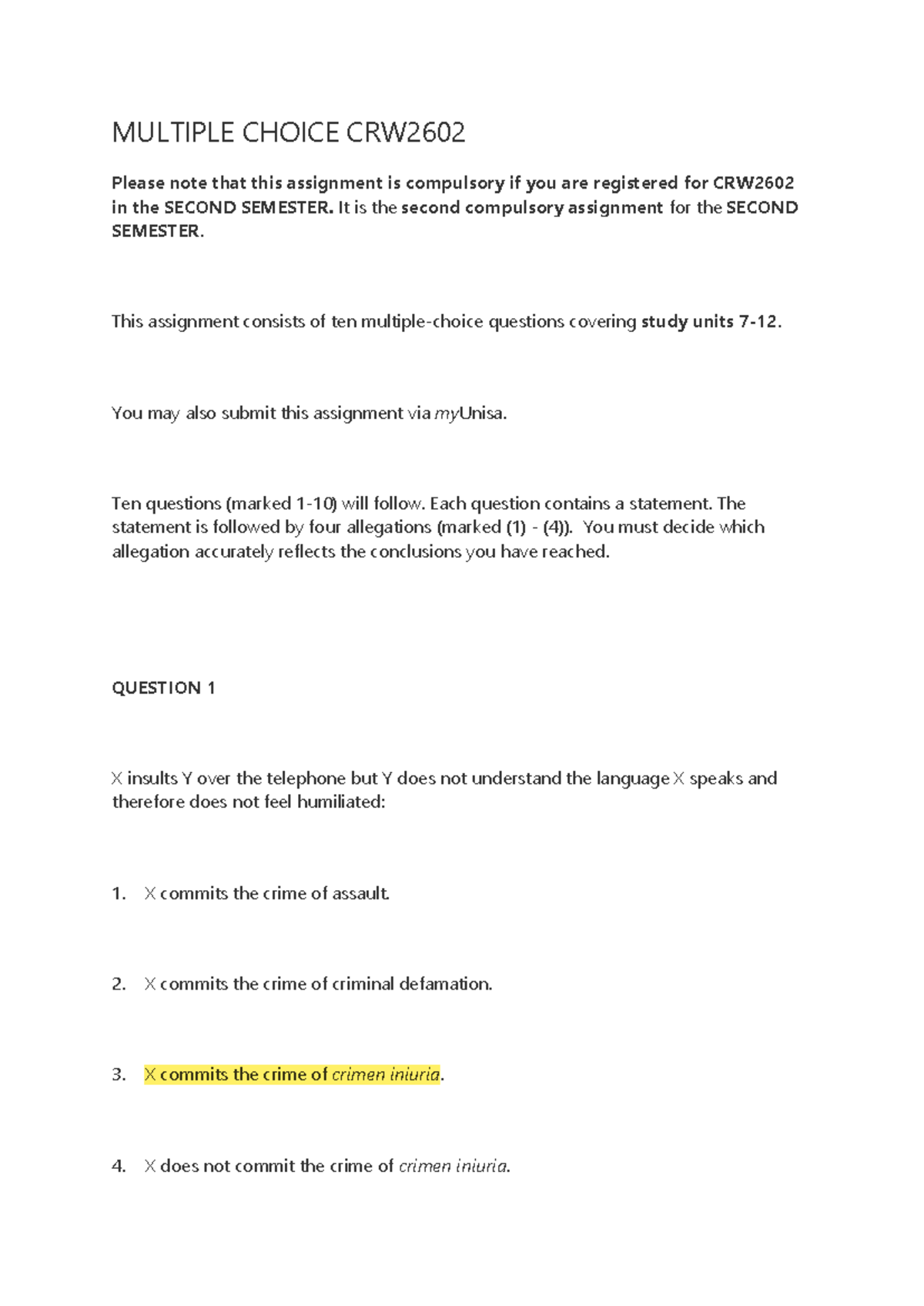 Assessment 2 MC Questions for CRW2602: Semester Two Exam Prep - Studocu