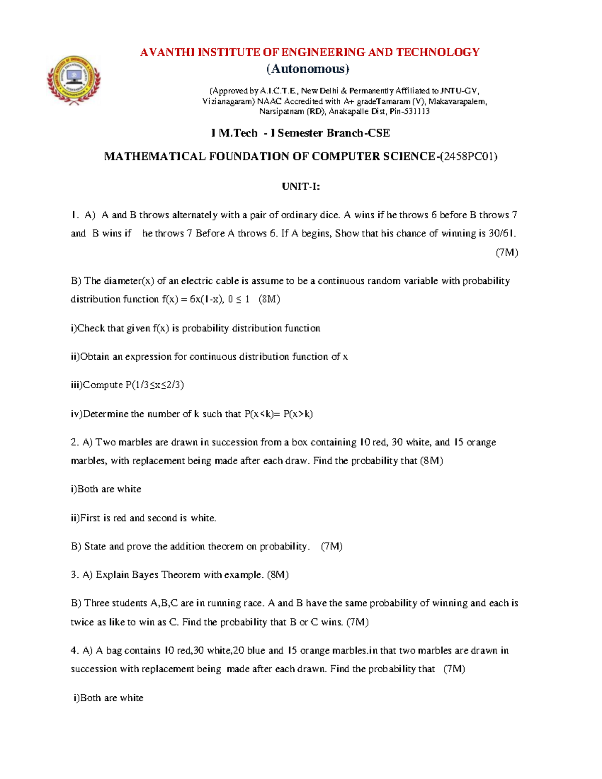 M.Tech I Sem Mathematical Foundations of Computer Science Question Bank ...