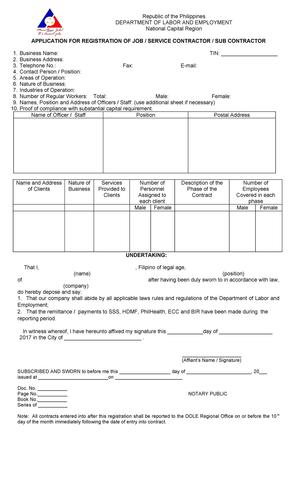 Application for Registration of Job Service Contractor/Subcontractor ...