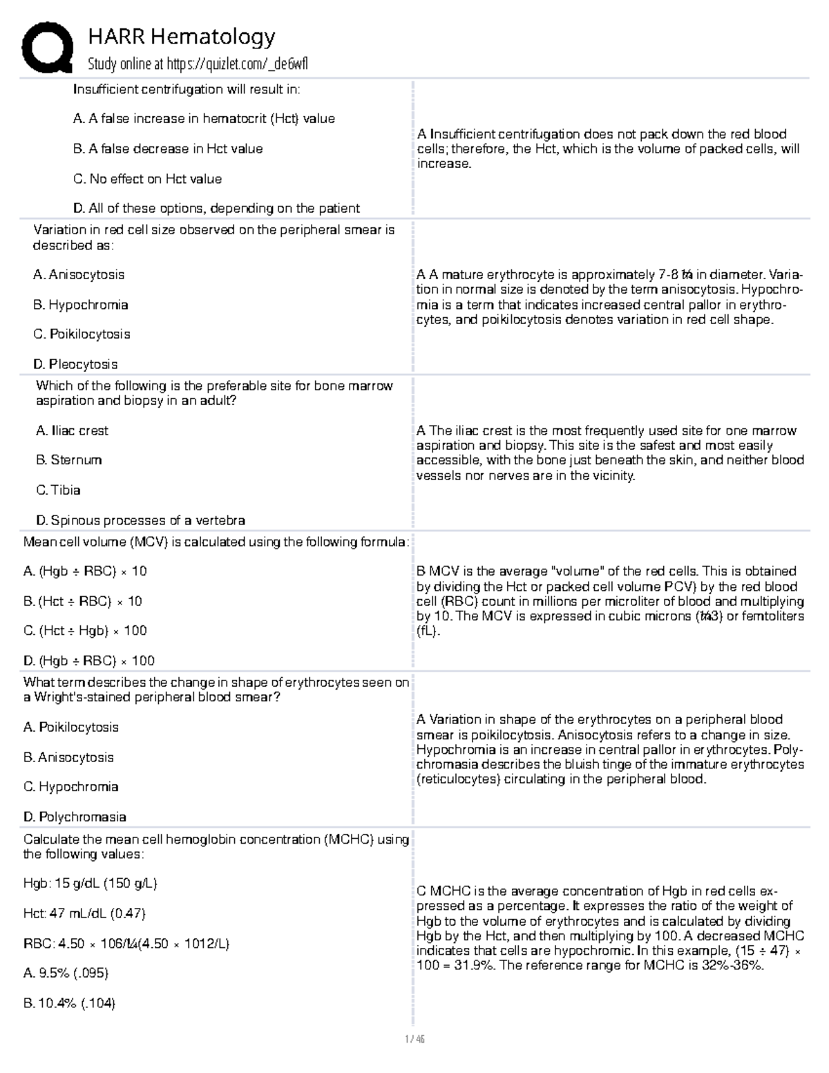 HARR Hematology Study Guide - Key Concepts and Exam Prep - Studocu