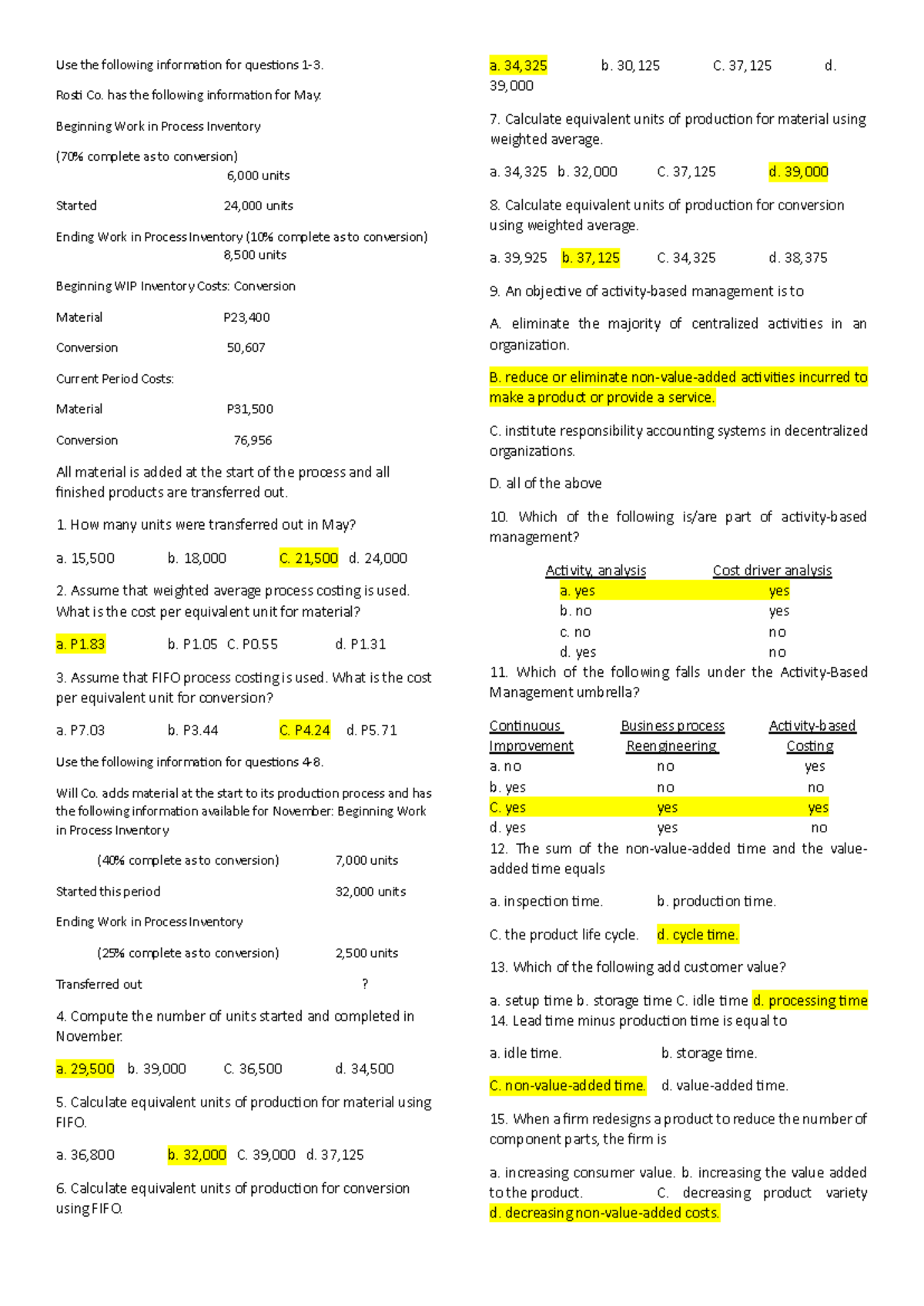 SCM-QUIZ - Process Costing and Overhead Allocation Analysis - Studocu