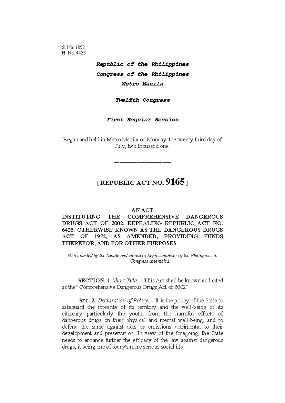 RA9156: Comprehensive Review on the Dangerous Drugs Act of 2002 - Studocu