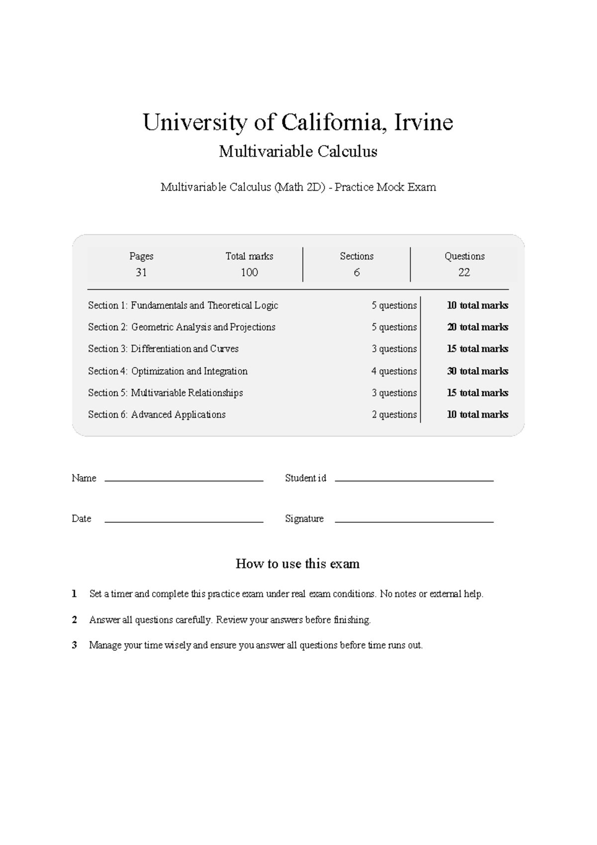 Math 2D Multivariable Calculus (UCI) Practice Mock Exam 2026 - Studocu