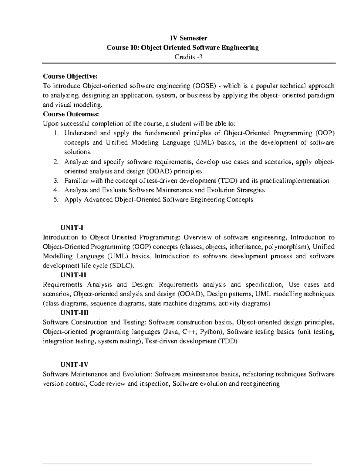 IV Sem OO Software Engineering Course Overview & Outcomes - Studocu