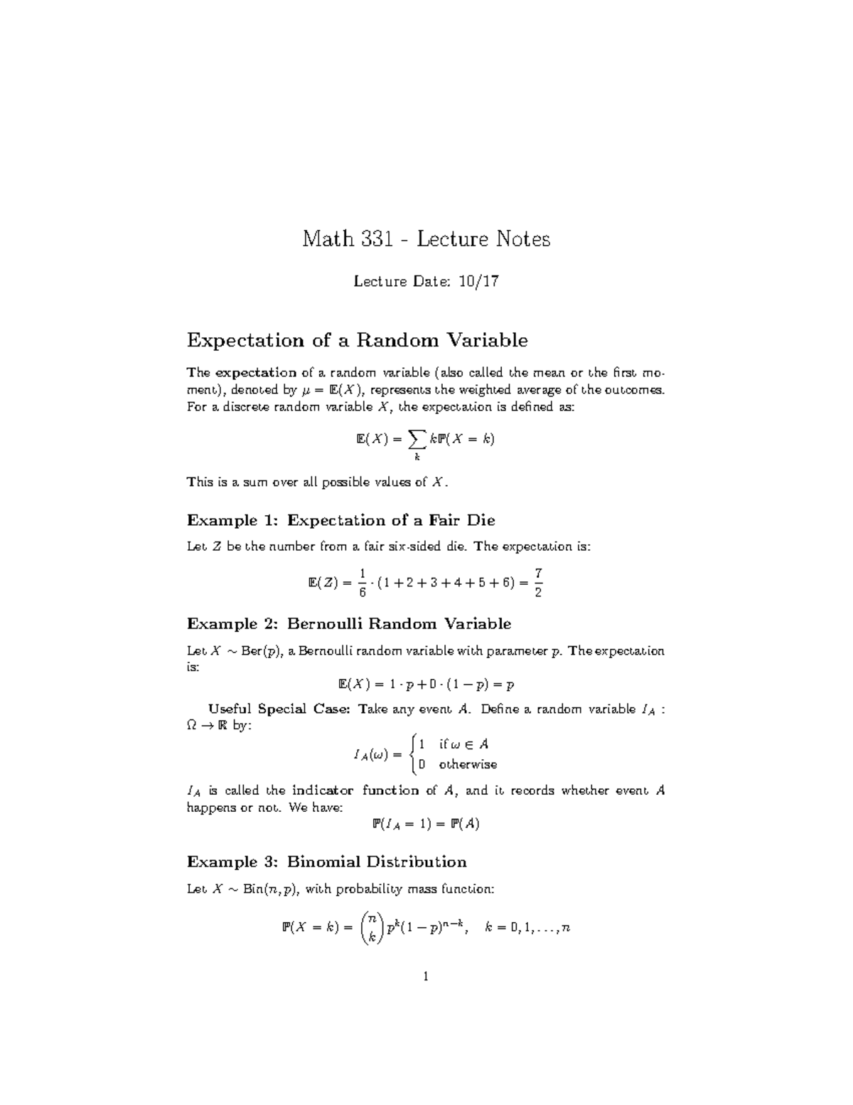 Math 331 - Lecture Notes on Expectation of Random Variables - Studocu