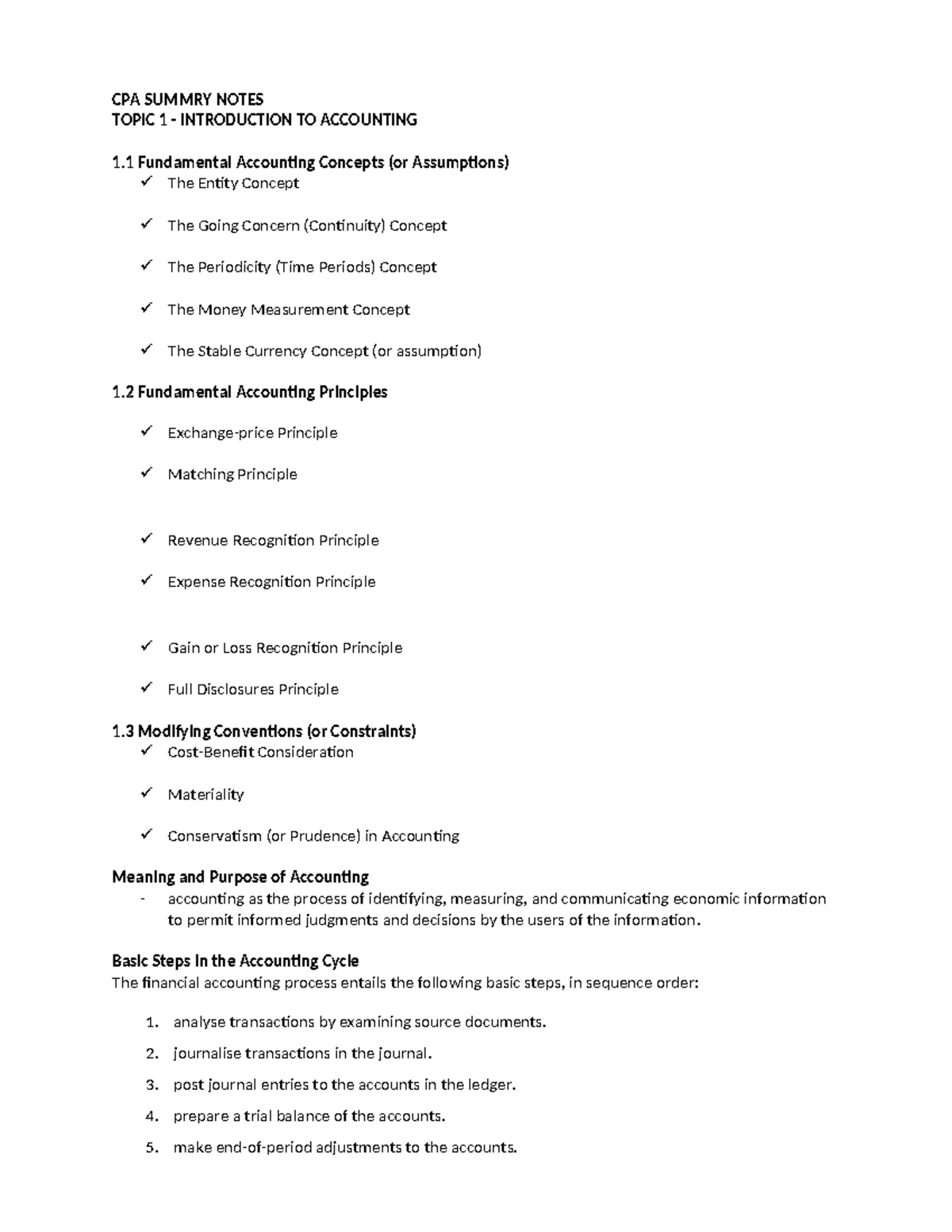 CPA Summary Notes: Key Concepts and Principles in Accounting - Studocu