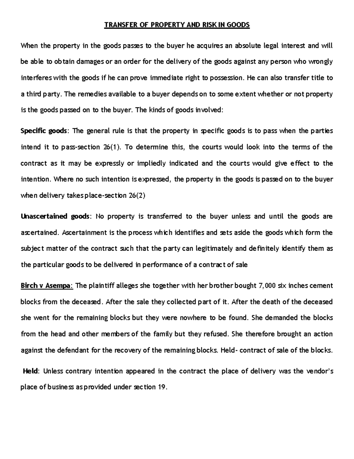 Transfer OF Property AND RISK IN Goods - TRANSFER OF PROPERTY AND RISK ...