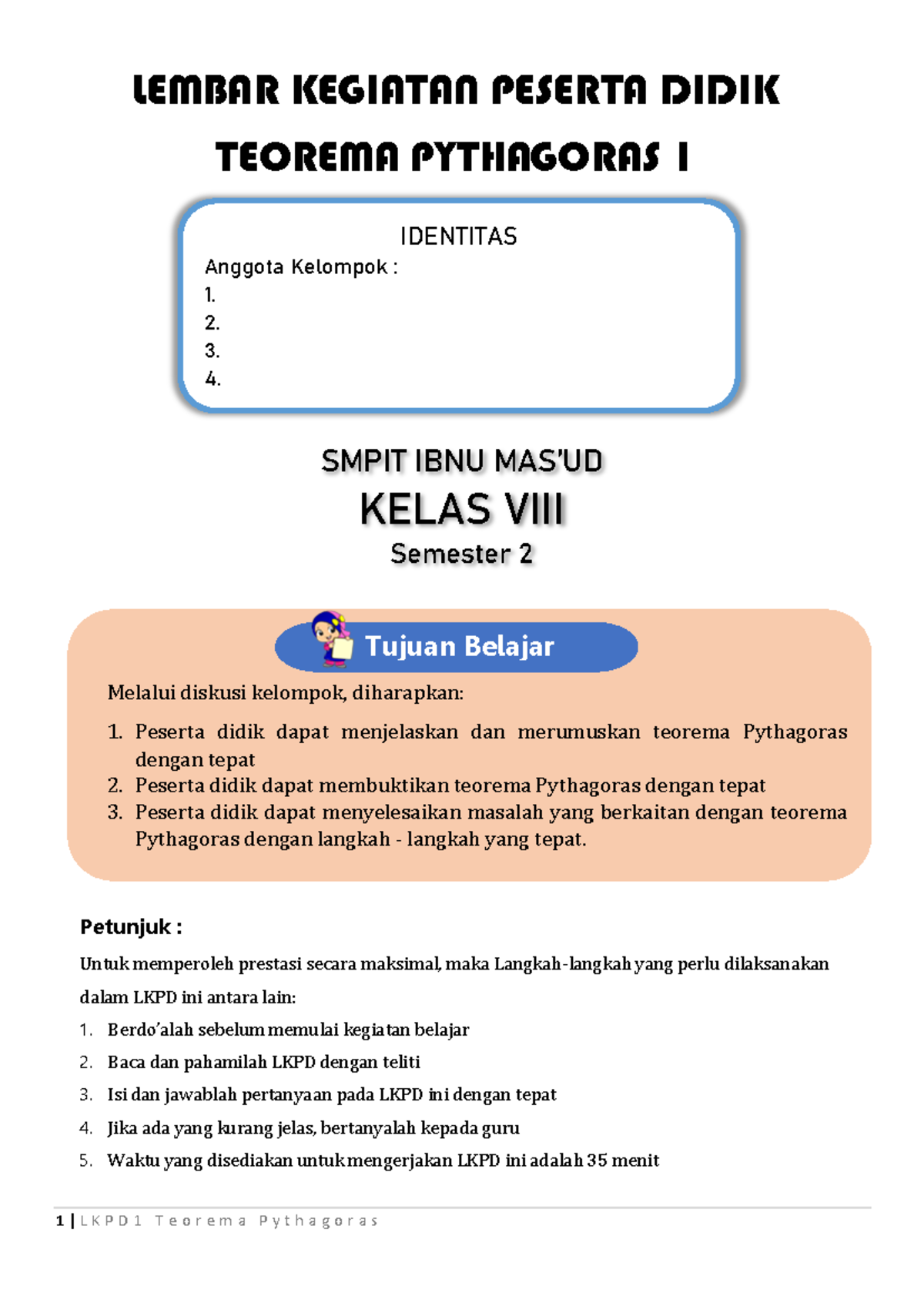 LKPD Teorema Pythagoras Kelas VIII Semester 2 Revisi Terbaru - Document Preview