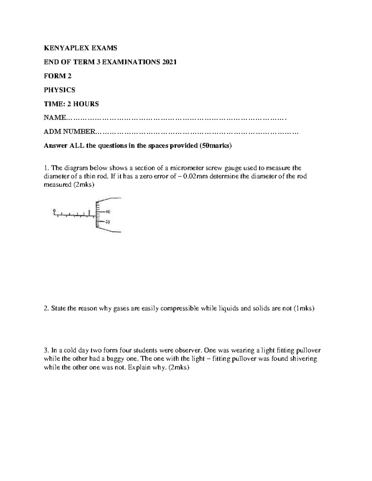 Form 2 Physics End of Term 3 Exam 2021 - KENYAPLEX - Studocu