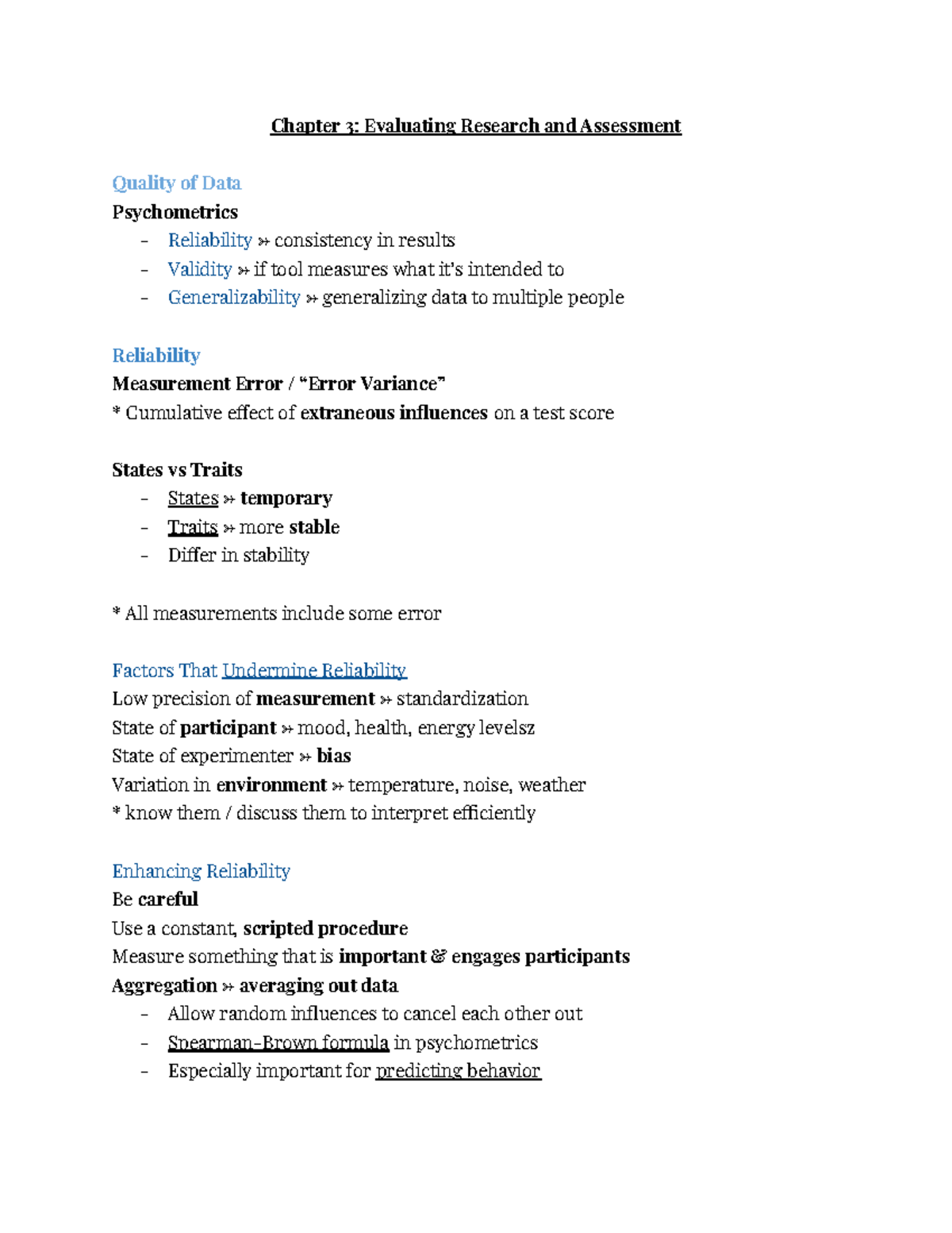 PSY 301: Chapter 3 - Evaluating Research & Assessment Quality in ...