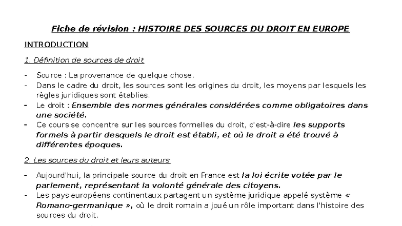 Fiche de révision : HISTOIRE DES SOURCES DU DROIT EN EUROPE - Studocu