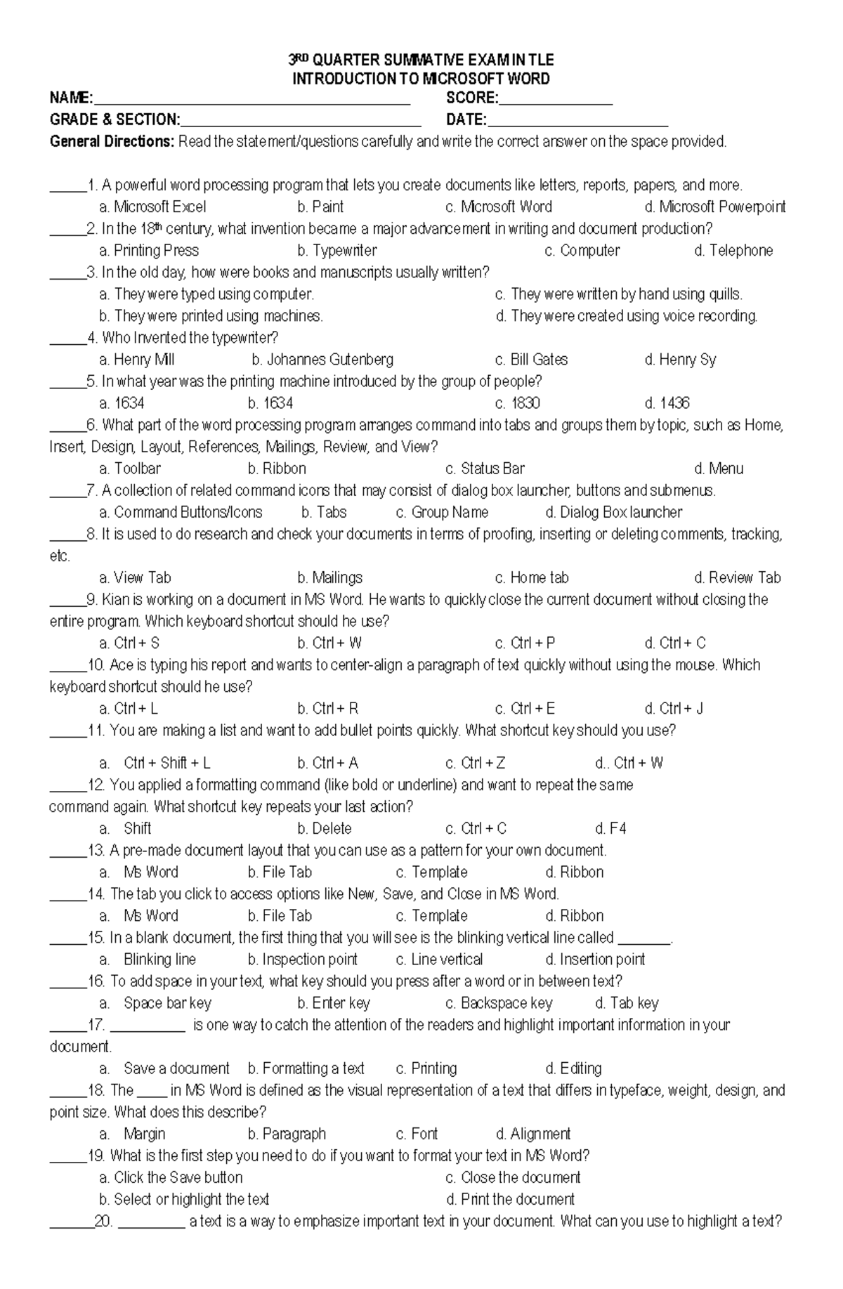 3RD Quarter Summative Exam in TLE: Microsoft Word Basics - Studocu