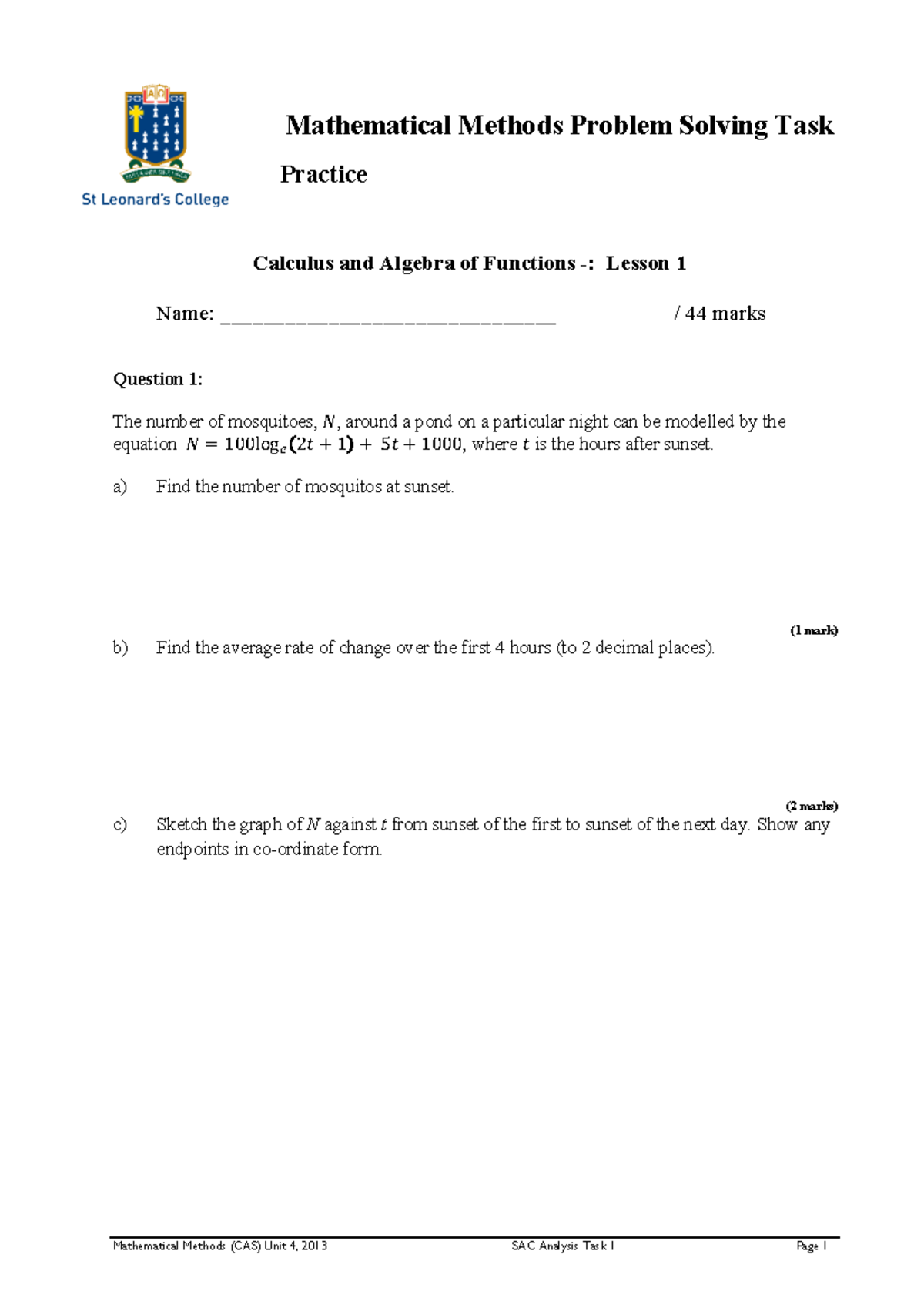 Mathematical Methods (CAS) Unit 4: Practice Task Problem Solving SAC ...