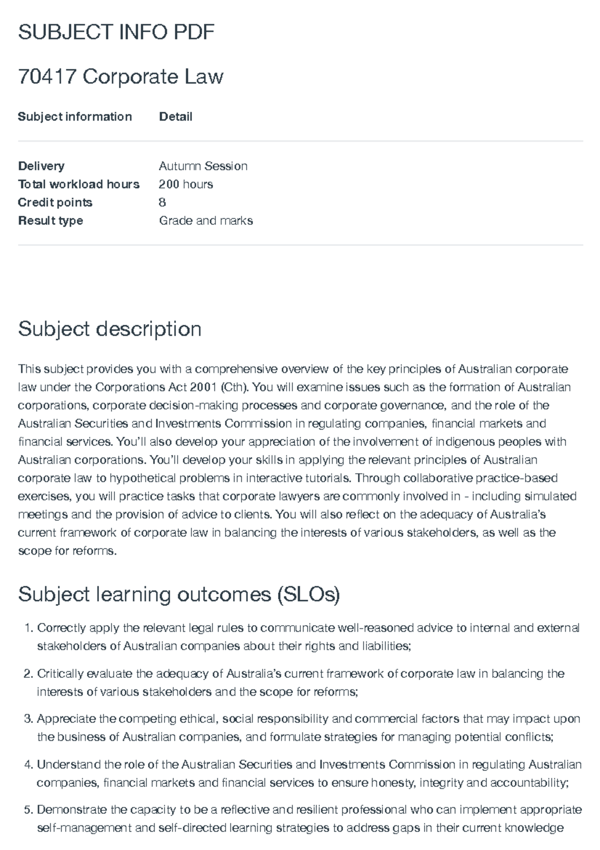 Corporate Law Overview: Subject Info PDF 70417 for Autumn Session - Studocu
