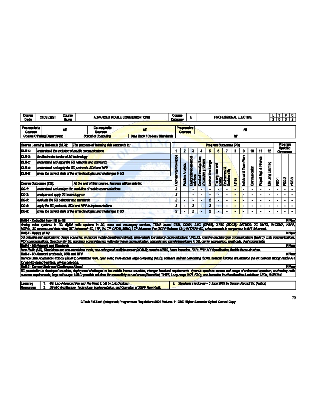21CSE399T - Advanced Mobile Communications Course Syllabus - Studocu