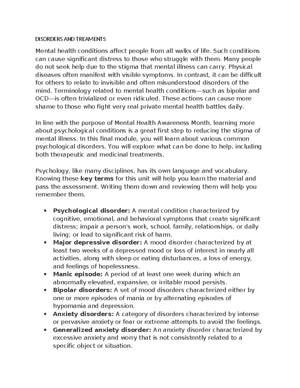 Psychology 101: Final Exam Notes on Disorders & Treatments - Studocu