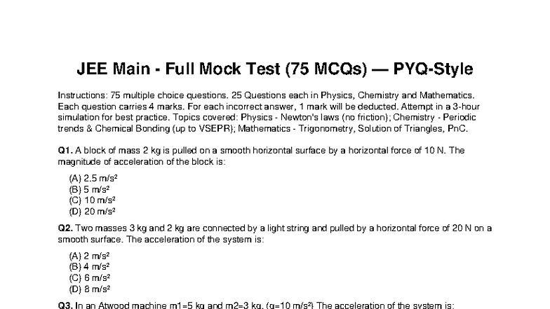 JEE Mains Full Mock PYQ Full - JEE Main - Full Mock Test (75 MCQs ...