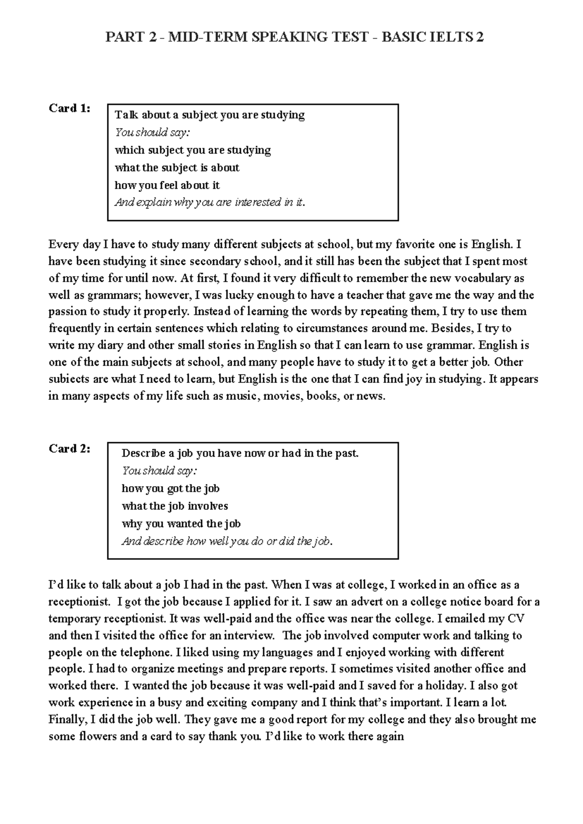 Topics FOR Speaking - Basic Ielts 2 - PART 2 - MID-TERM SPEAKING TEST ...
