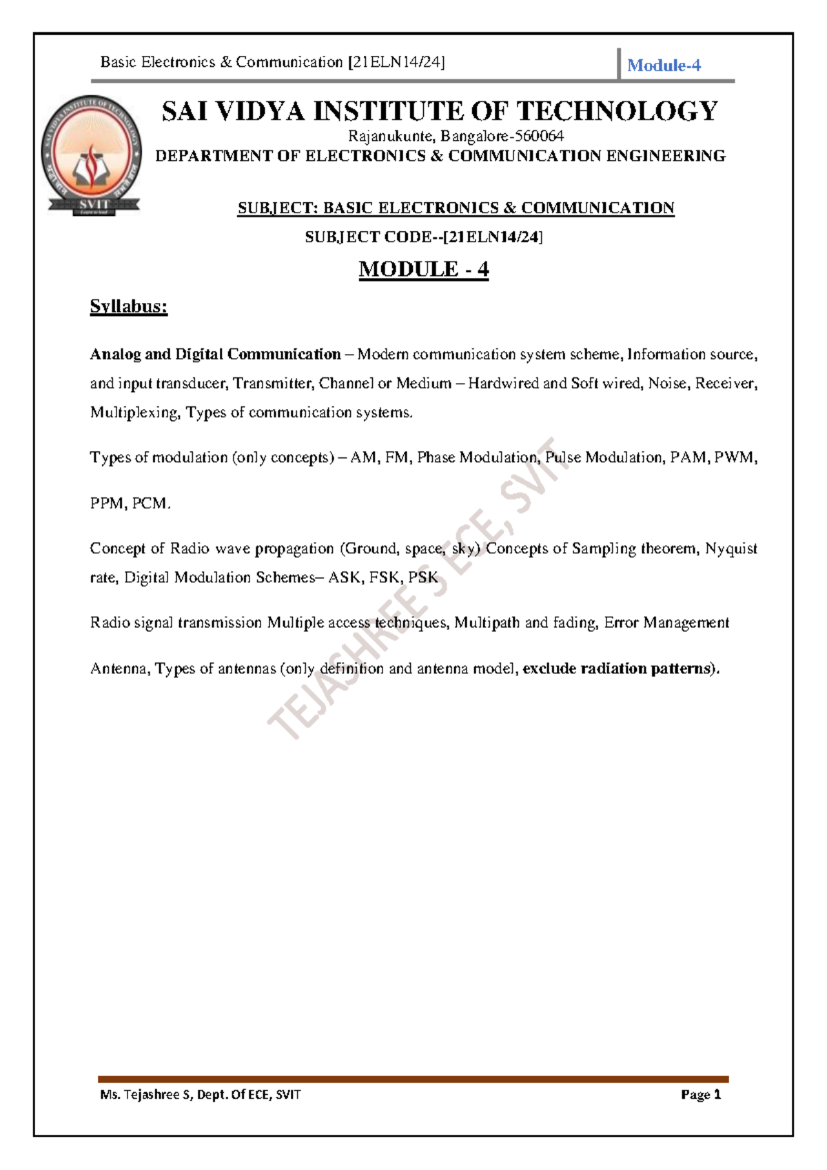 BASIC ELECTRONICS & COMMUNICATION - MODULE 4 NOTES (21ELN14/24) - Studocu