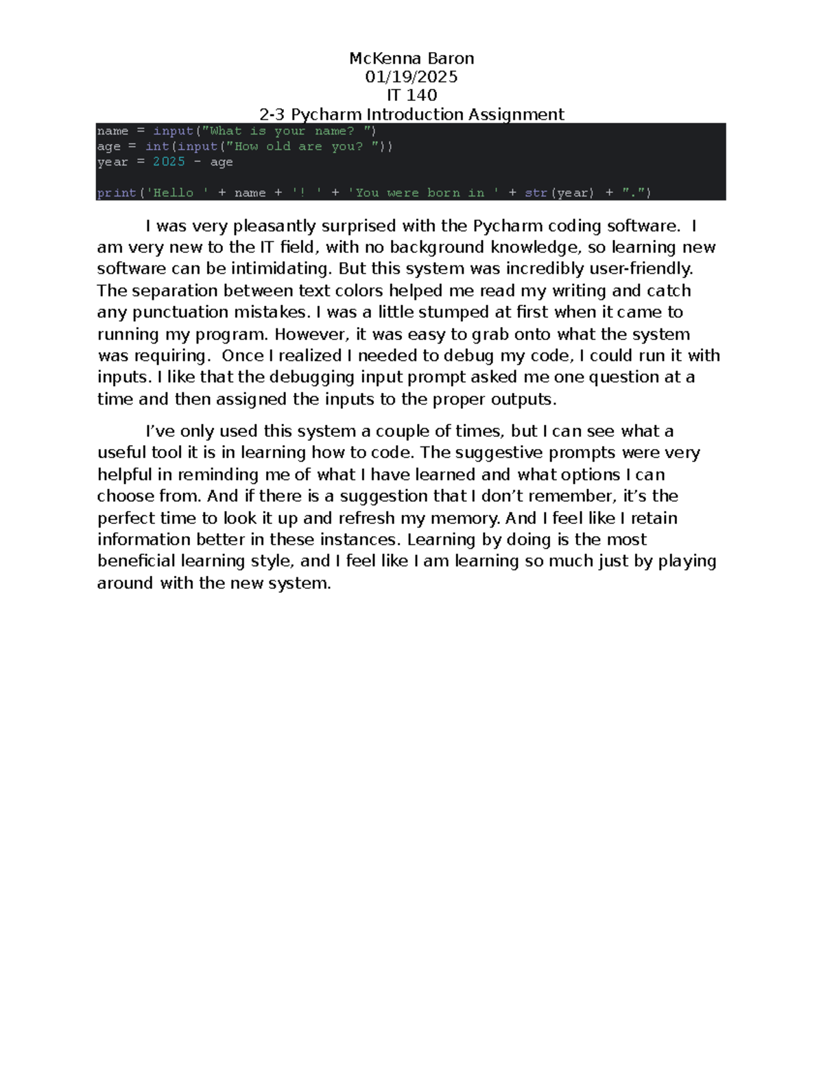IT 140: 2-3 Pycharm Intro Assignment Reflection and Insights - Studocu