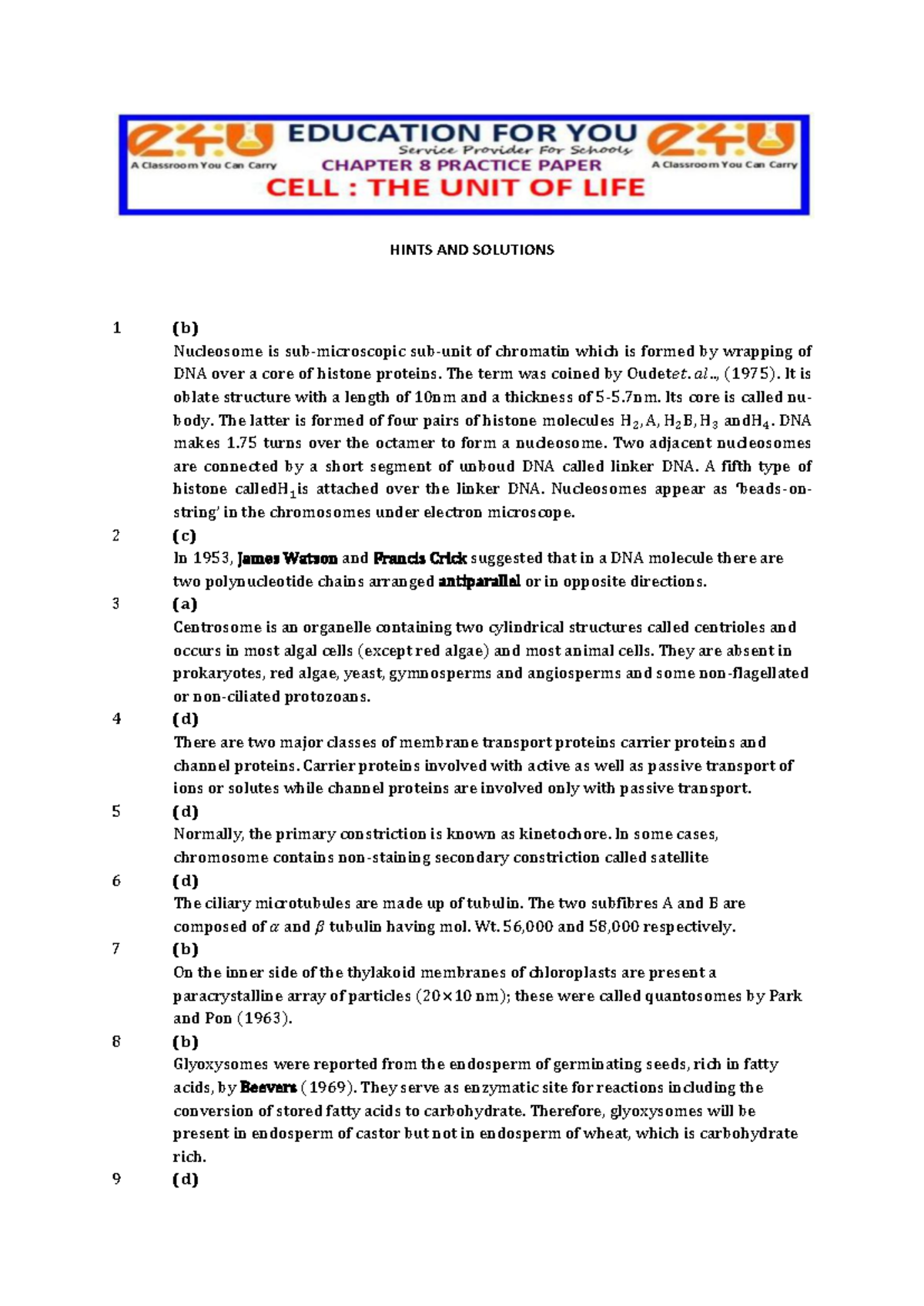 CELL THE UNIT OF LIFE: Hints and Solutions for Exam Preparation - Studocu