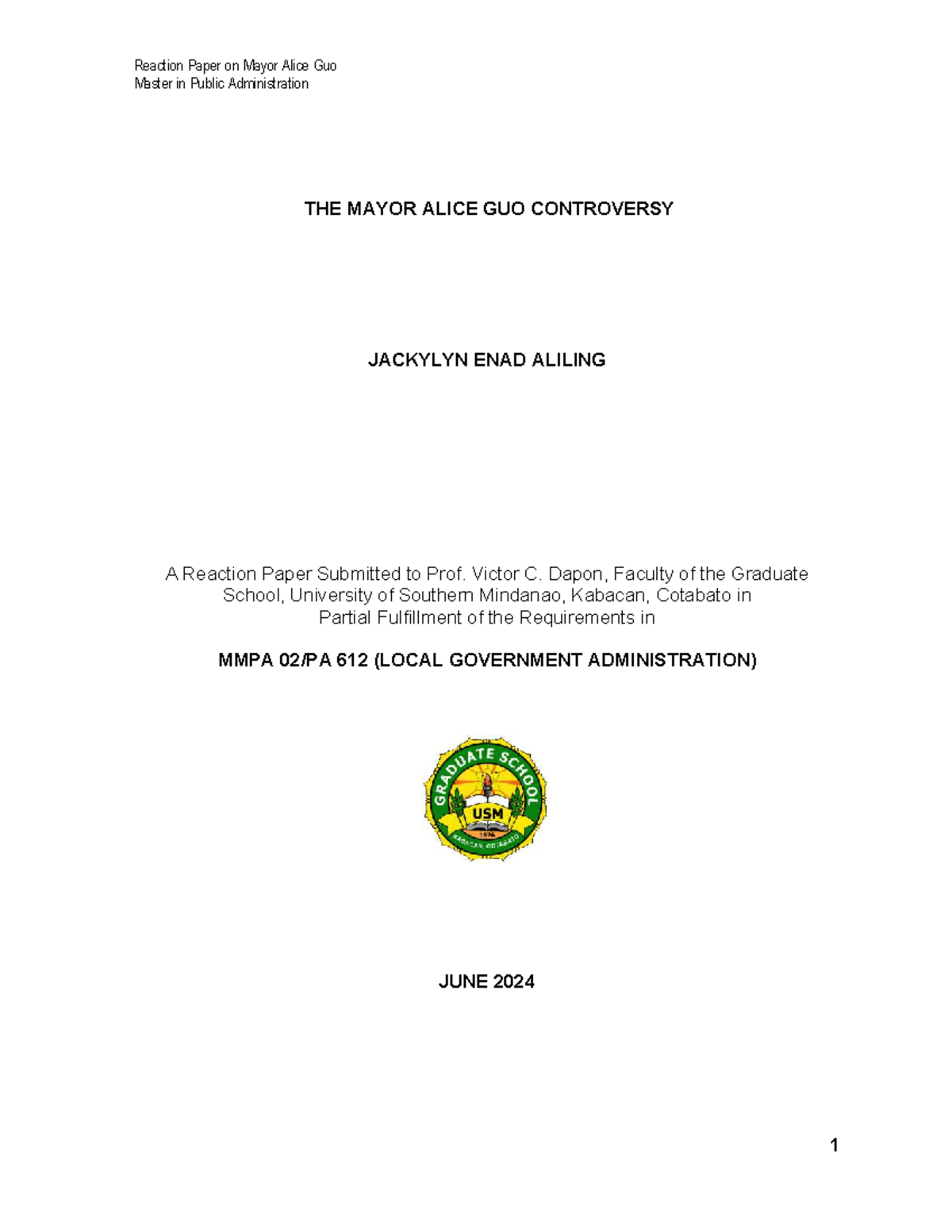 Reaction Paper on Mayor Alice Guo: MMPA 612 Controversy Analysis - Studocu