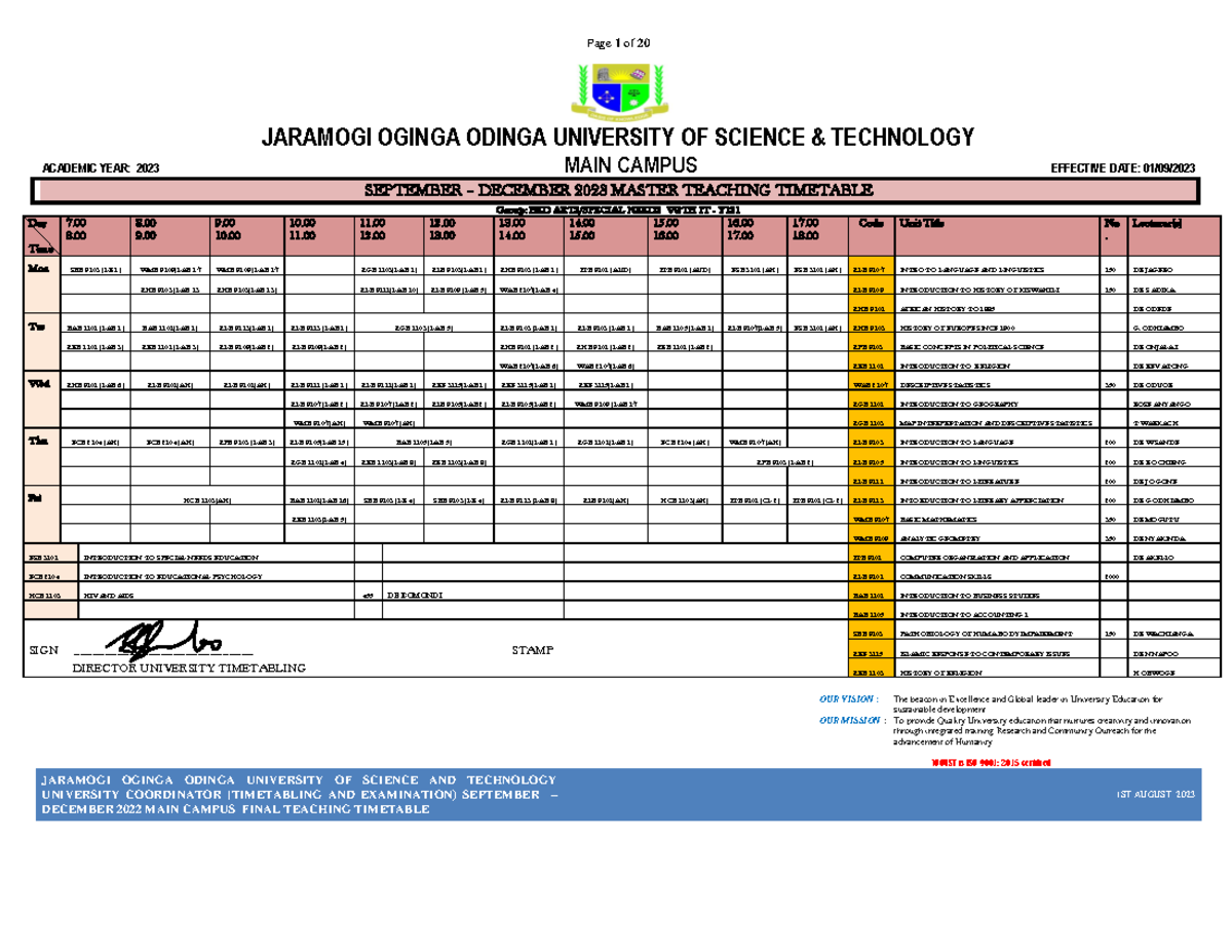 Master Teaching Timetable for January - April 2024 - JOOUST Y1S 1 - Studocu