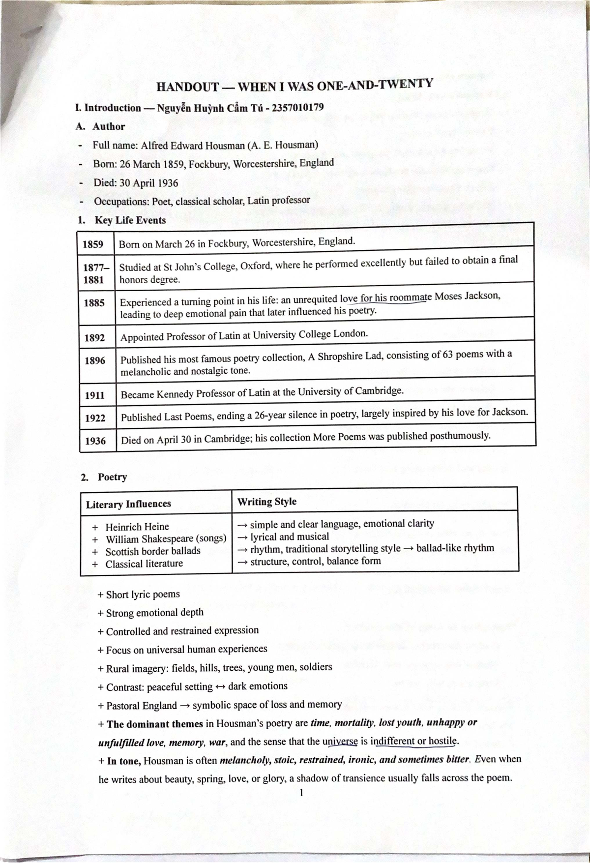 Handout: Analysis of A.E. Housman - Document Preview