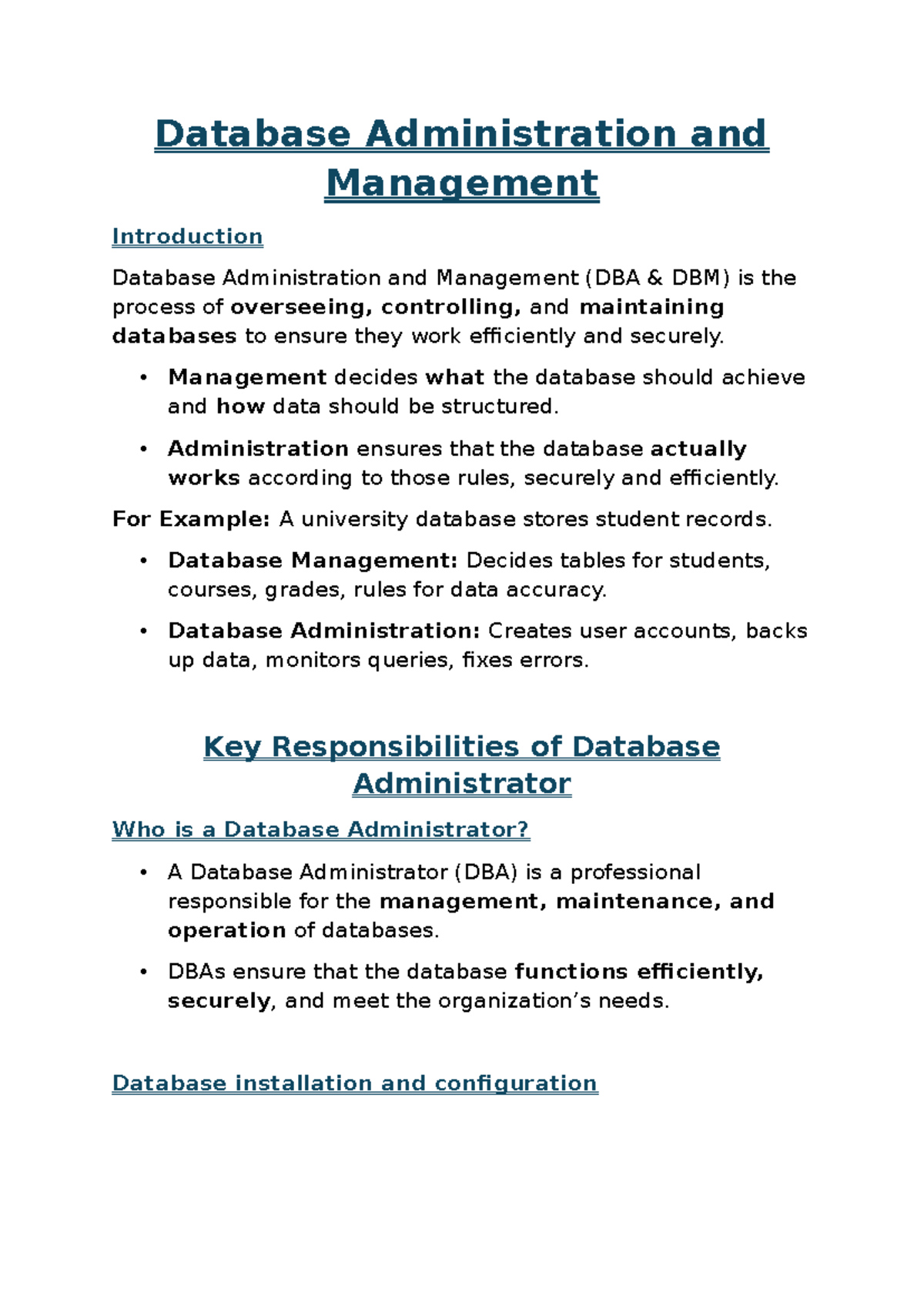 DBA DBM: Introduction to Database Administration & Management - Studocu
