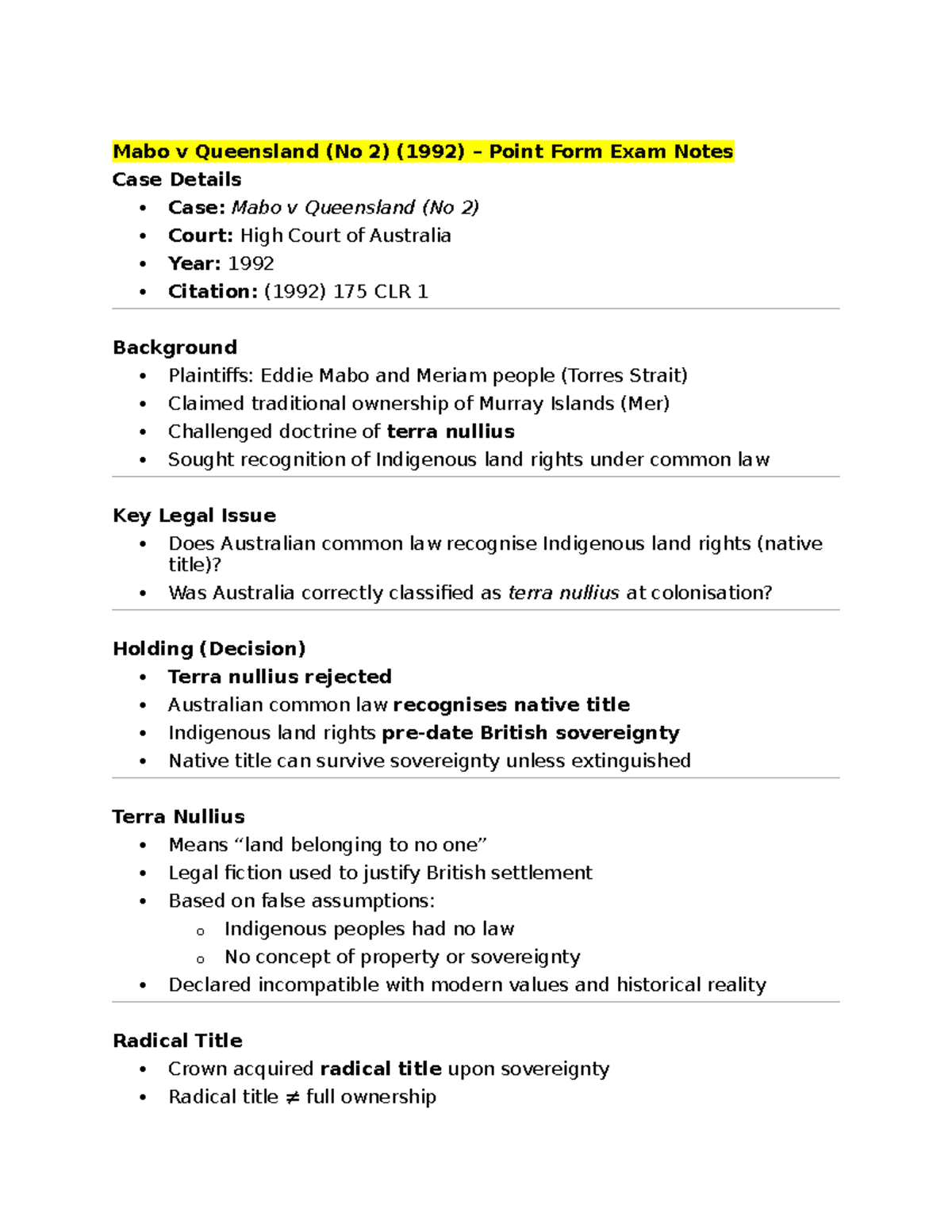 Mabo v Queensland (No 2) (1992) Exam Notes: Key Legal Insights - Studocu
