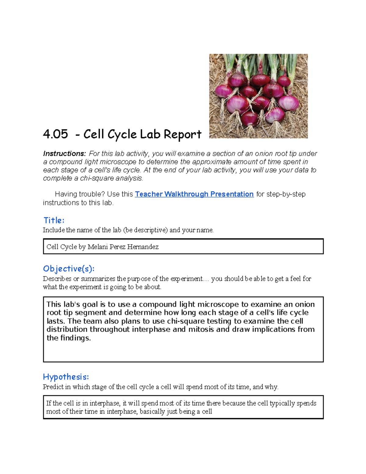 Cell Cycle Lab Report: Onion Root Tip Analysis (BIO 4.05) - Studocu