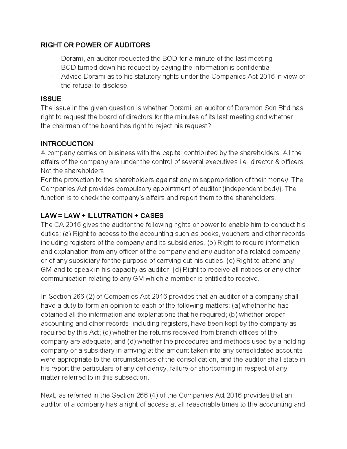 CASE STUDY: Rights and Duties of Auditors under Companies Act 2016 ...