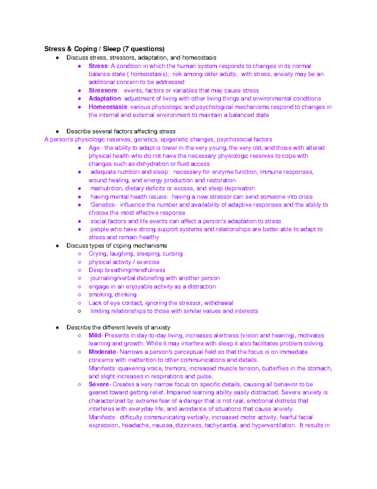 NRS 104 Exam 2 - Comprehensive Study Guide on Stress, Sleep & Aging ...