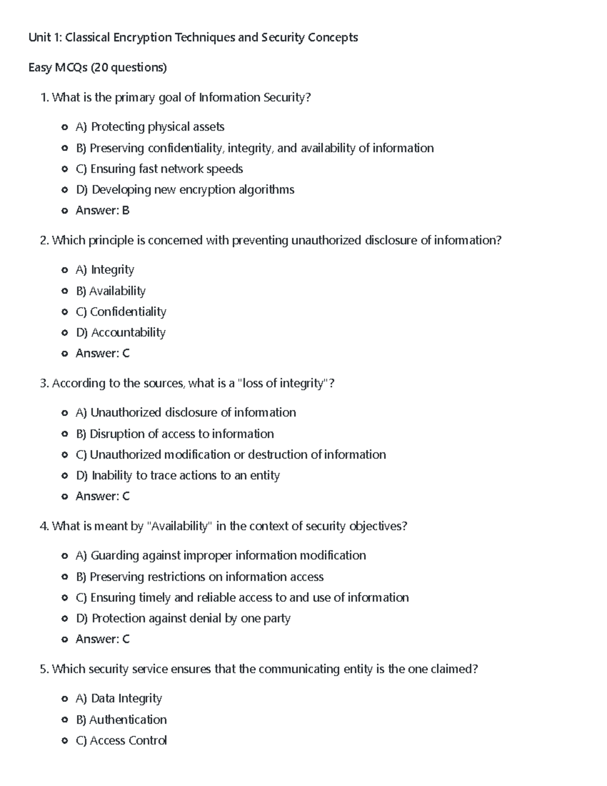 Unit 1 & 2: Cryptography MCQ Practice (Easy & Medium) - Studocu