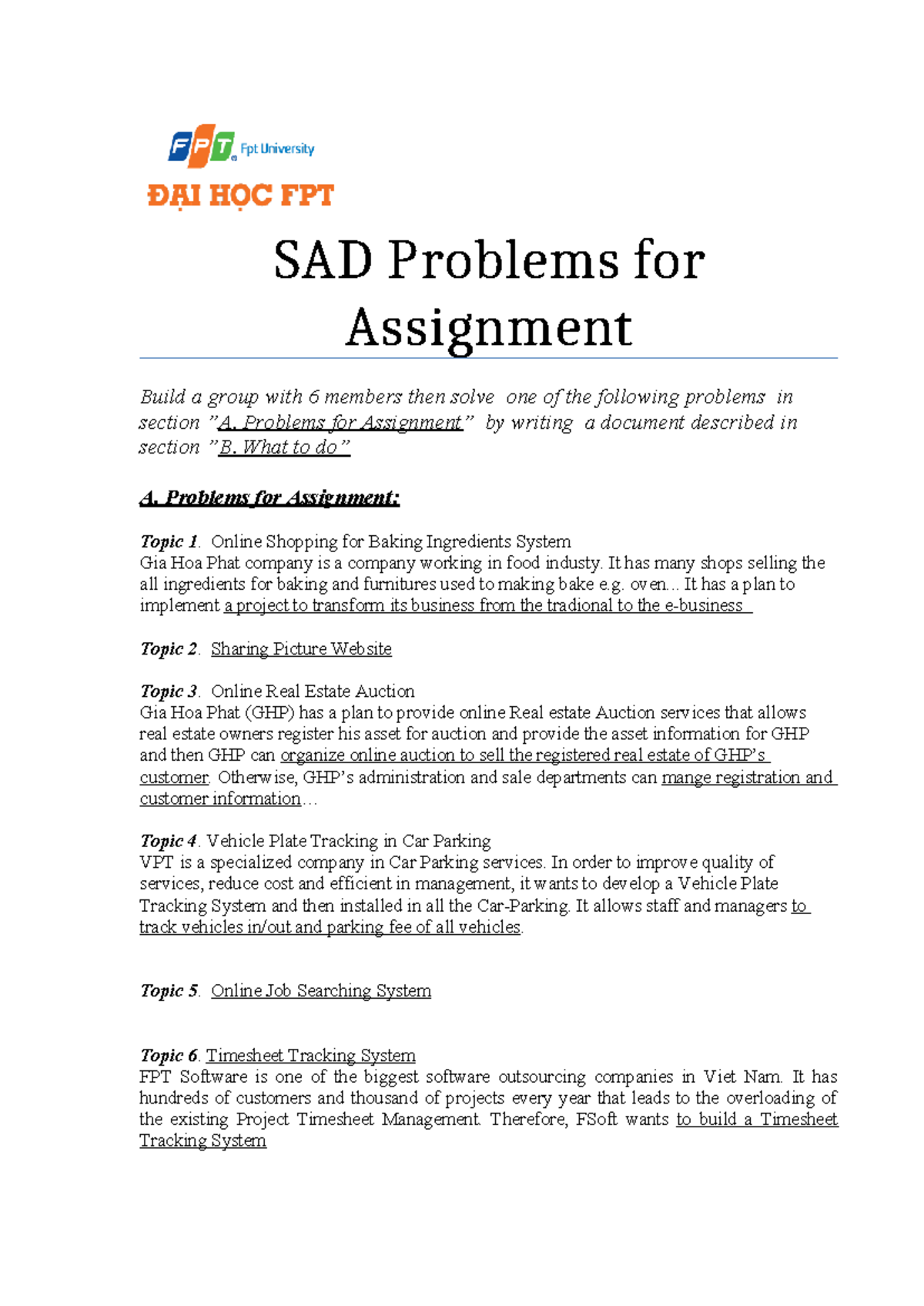 SAD-Assignment Topics for Group Project Solutions - Studocu