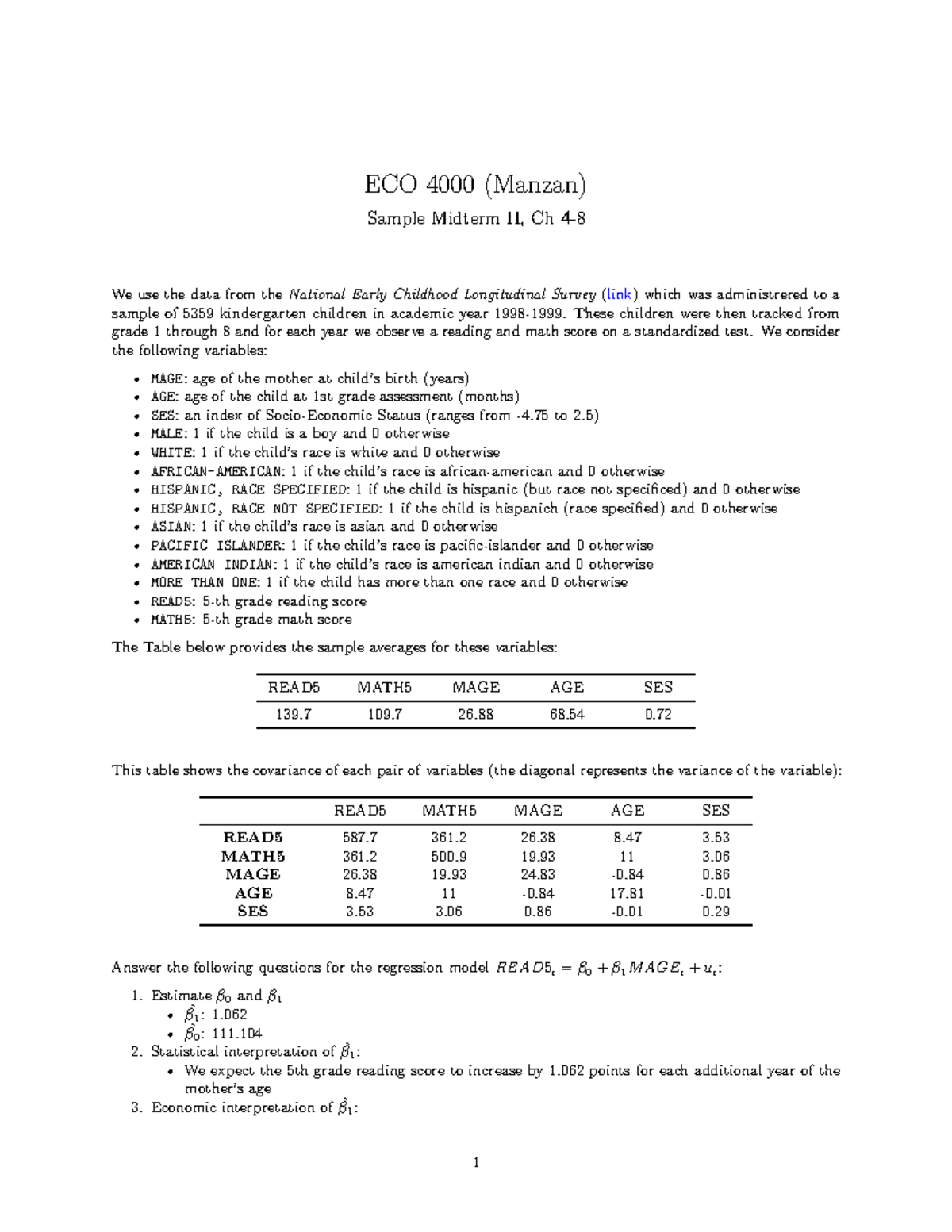 ECO 4000 Sample Midterm II: Regression Analysis of Reading Scores - Studocu
