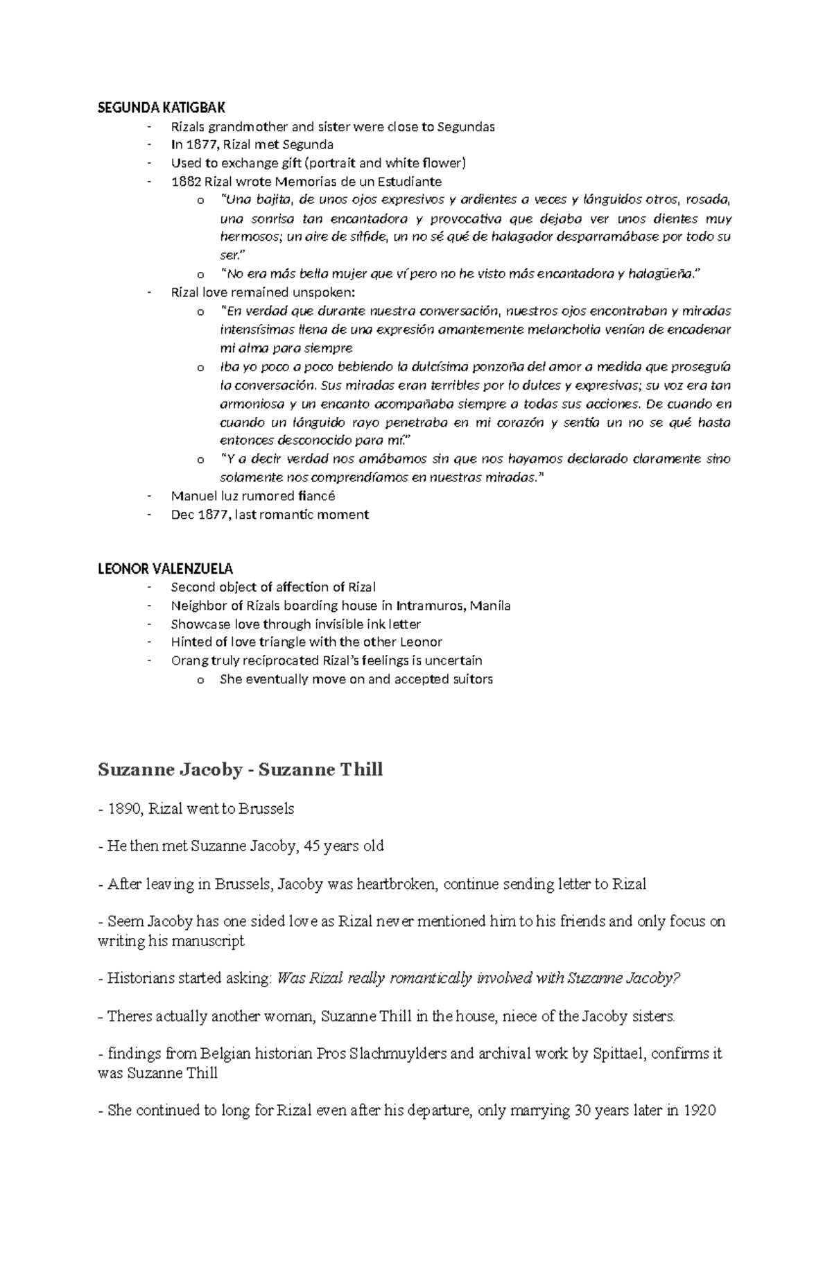 Segunda Katigbak: Lecture Notes on Rizal's Romantic Interests - Studocu