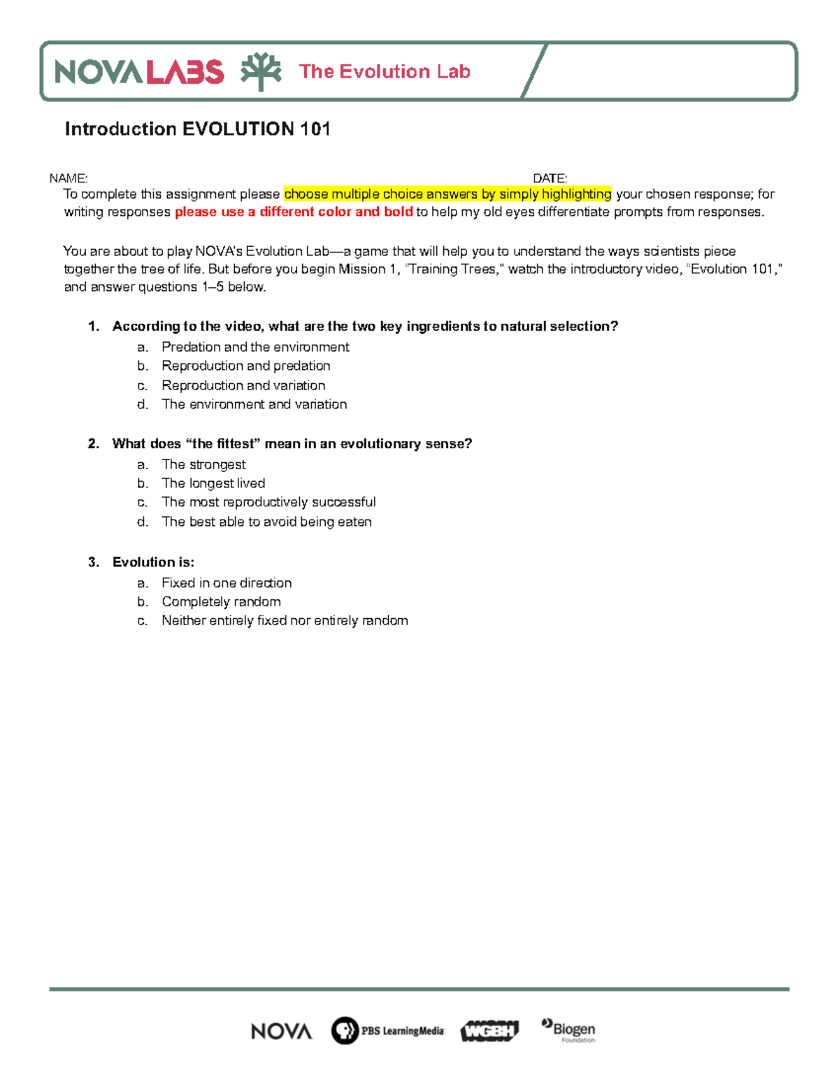 NOVA Evolution Lab Worksheets: Selected Qs and Mns for Missions - Studocu