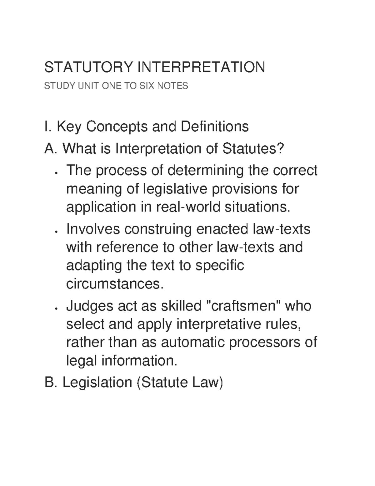 Statutory interpretation notes: Study unit one to six overview - Studocu