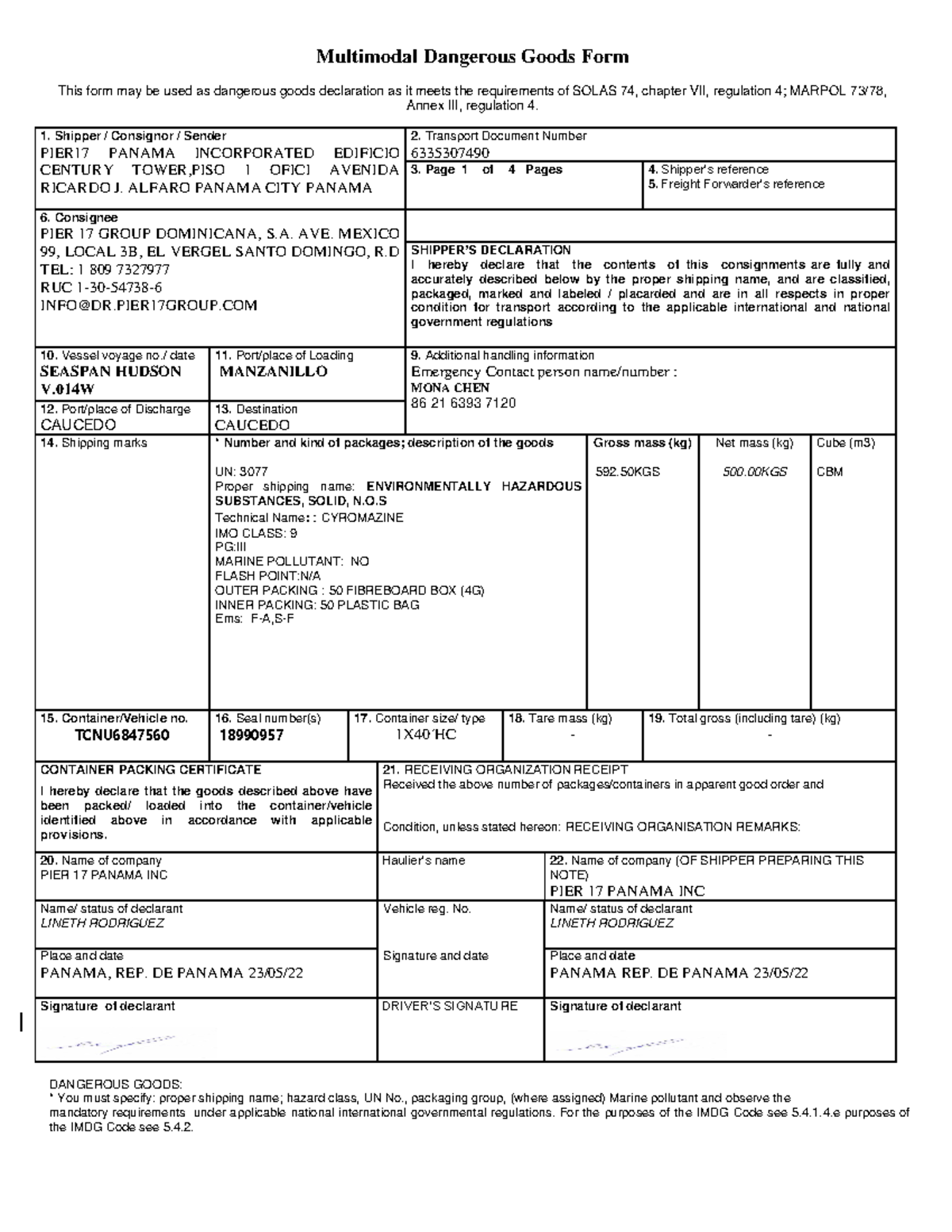Dangerous Goods Declaration - Transport Document 6335307490 - Studocu