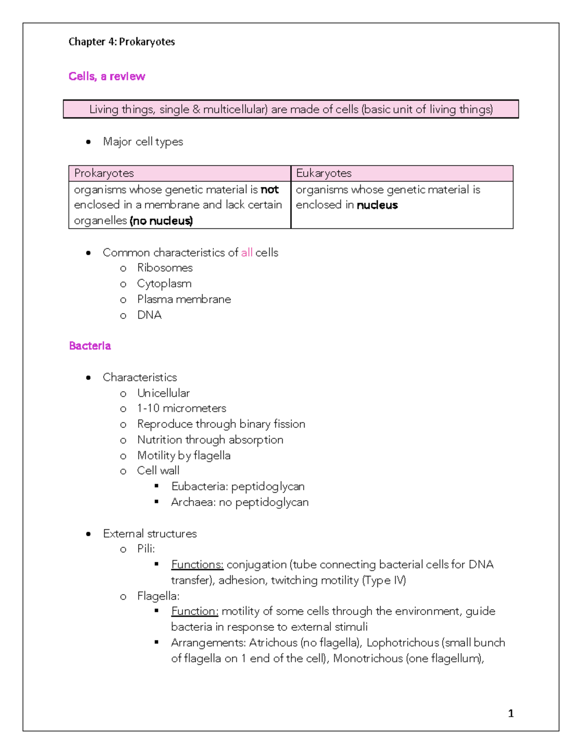 Prokaryotes Chapter Notes - Cells, a review Living things, single ...