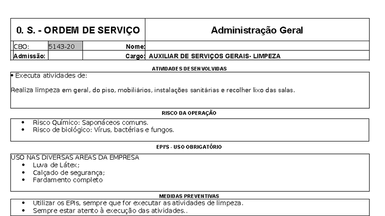 Ordem de Serviço CBO: Auxiliar de Serviços de Limpeza - Studocu