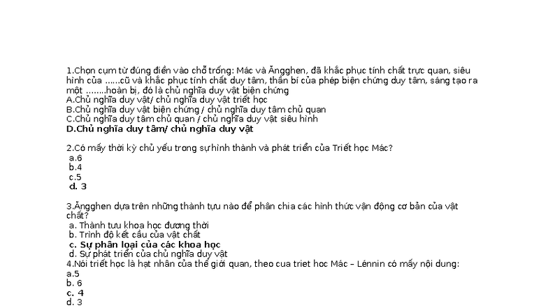 Trắc Nghiệm Triết Học Mác - Lênin (Mác 101) - Studocu